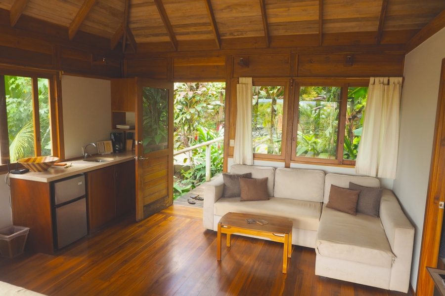 Sofa and equipped kitchenette in the Jungle Canopy Bungalow