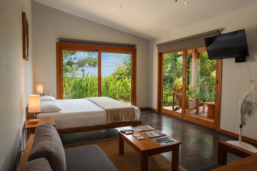 Oceanview Studio vacation rental in Montezuma, Costa Rica: king bed, sofa and glass sliders opening to the garden